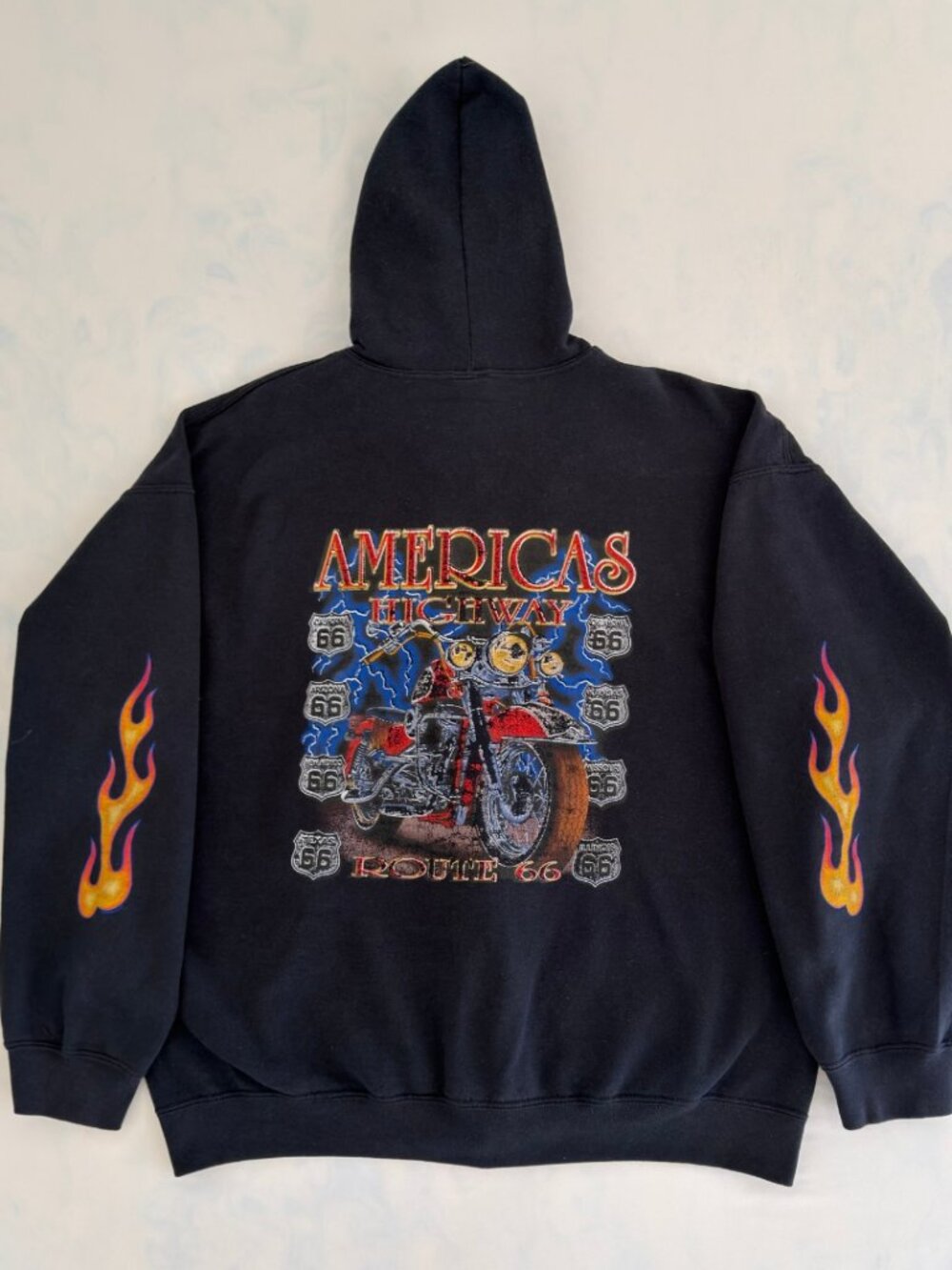 Route 66 Distressed Motorcycle Flame Graphic Full Zip Vintage Hoodie - Picture 1 of 7
